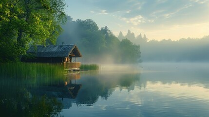 Fototapeta premium Misty sunrise over calm lake with wooden cabin reflecting in water.