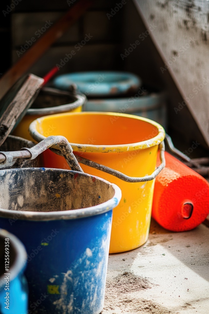 Aufkleber a collection of buckets placed on a table, possibly used for storage or organization
