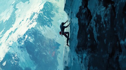 Climber scaling steep icy mountain cliff.