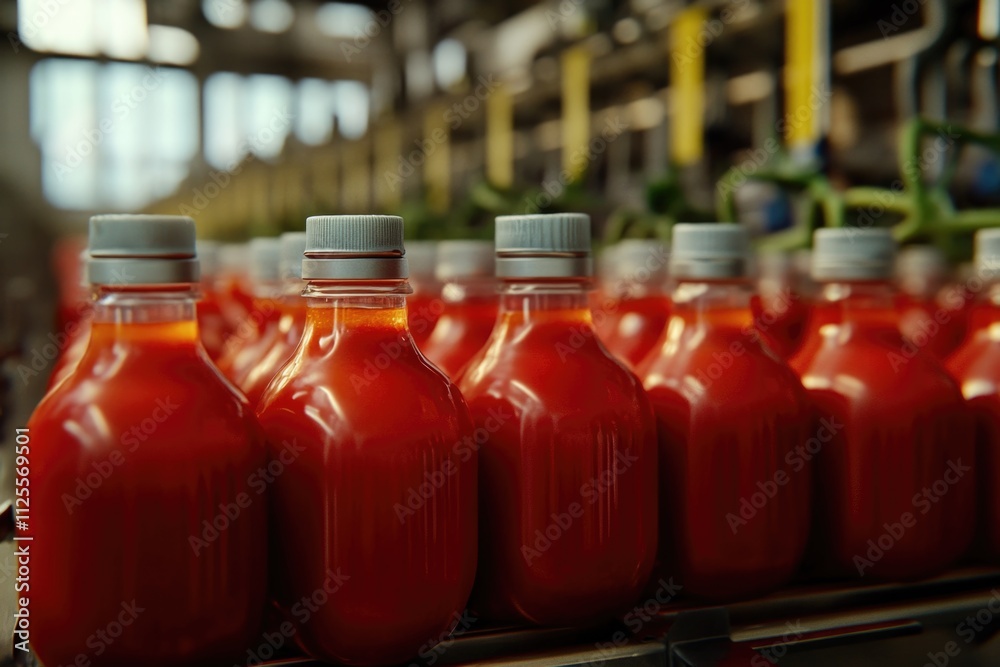 Poster a line of empty tomato sauce bottles on a conveyor belt, ready for filling and packaging