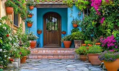 Charming house entrance with lush garden and decorative pots, showcasing Mediterranean architecture and vibrant landscaping