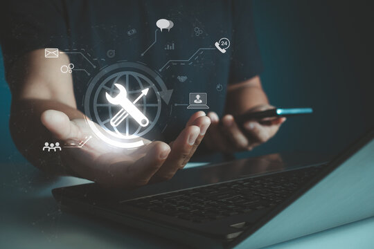 Technical support customer service technology concept. Business people point 24/7 support customer icon on virtual screen, contact us, call center, IT helpdesk support and customer service help online