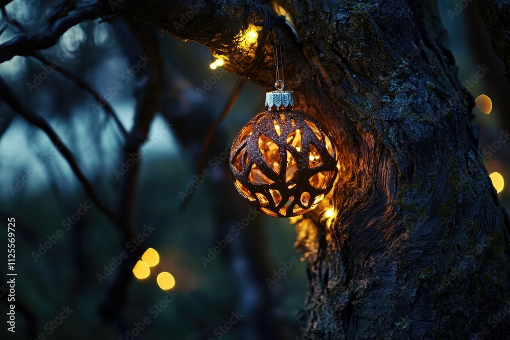 Poster a lighted ball hangs from a tree branch in a quiet forest, perfect for a whimsical or magical scene