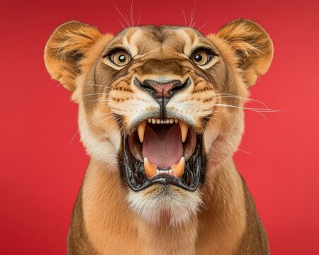 A lioness roars, teeth bared. AI. - Powered by Adobe