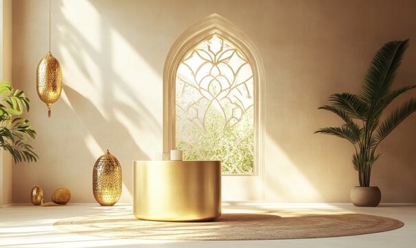 Featuring a cylindrical product podium, arched window, and golden lantern decor, this Ramadan banner template radiates sophistication and elegance.