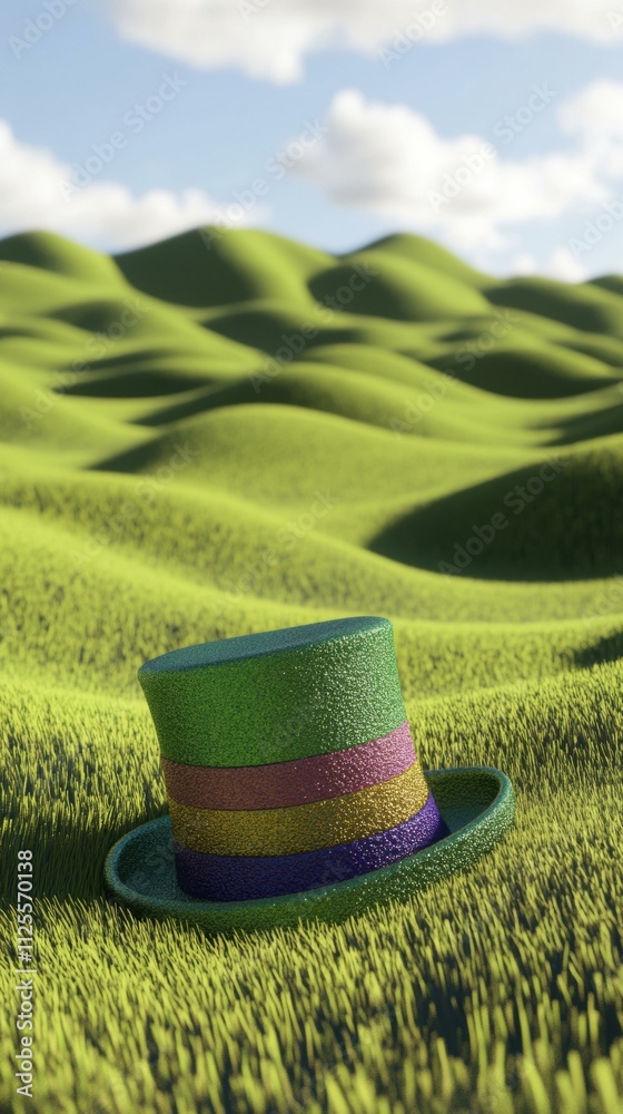 Wall mural A festive hat sits in a grassy field. AI.