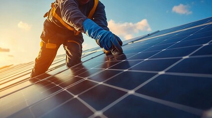 Worker installing solar panels on rooftop during sunset with blue skies