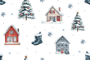 Fototapeta premium Seamless watercolor pattern of houses, Christmas tree, winter boots and Christmas decorations on a white background. Beautiful ornament for wrapping paper, textiles and printing in New Year, winter an