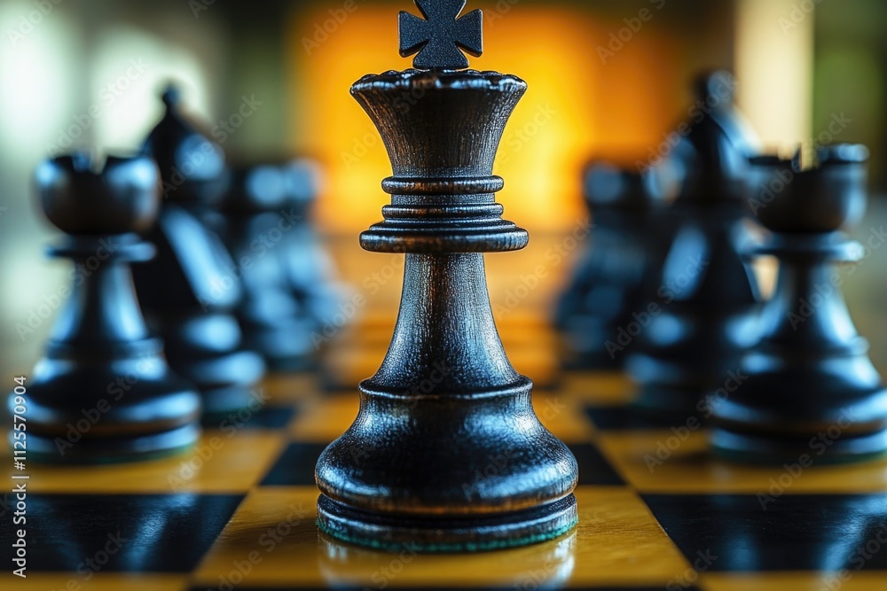 Poster a close-up view of a single chess piece on a chess board, ideal for illustrating strategy and games