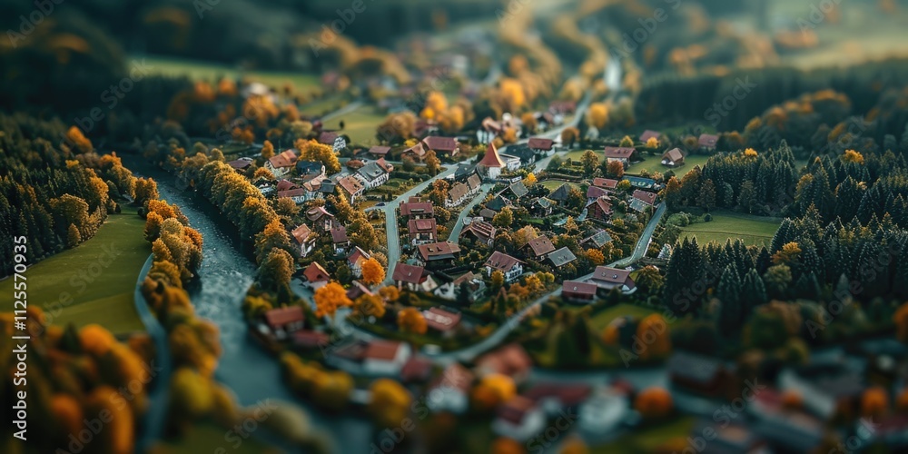 Poster Aerial view of a small town surrounded by trees, suitable for use in presentations about small communities or nature scenery
