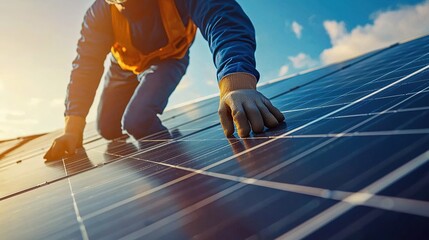 Worker installing solar panels on rooftop during sunset with blue skies