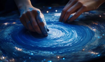 Close-up of hands molding clay on a potter's wheel during a master class in a pottery workshop. Artisan focusing on creating a ceramic masterpiece.