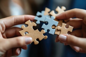 Two hands holding two puzzle pieces together