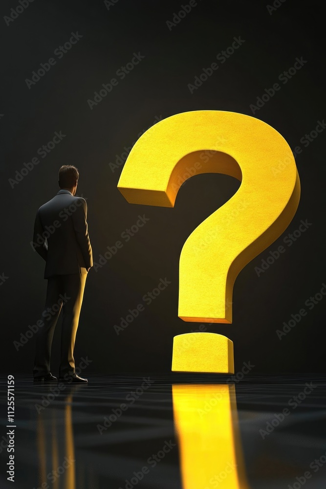Poster a man standing in front of a large yellow question mark, contemplating his next move