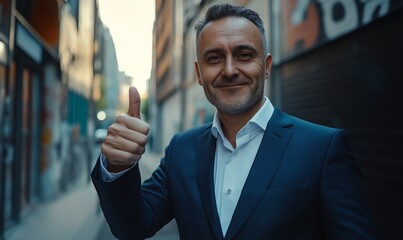 Fototapeta premium Confident Businessman Giving Thumbs Up in Urban Environment