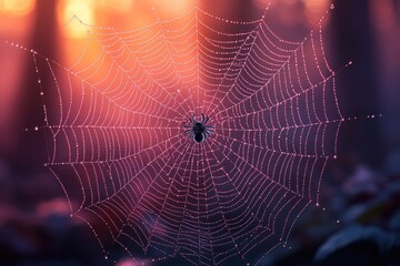 A spider sitting in its cobweb in a dense forest
