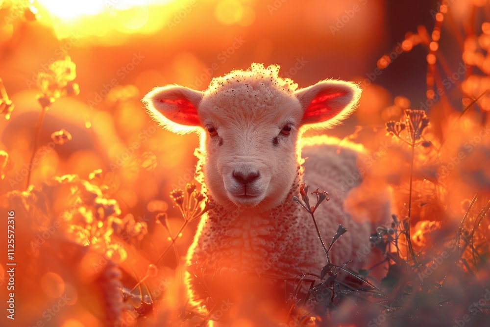 Aufkleber a lamb stands in a field of tall grass
