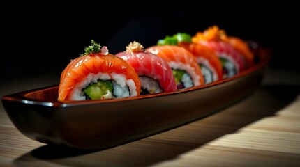 assorted sushi rolls in a wooden boat-size plate