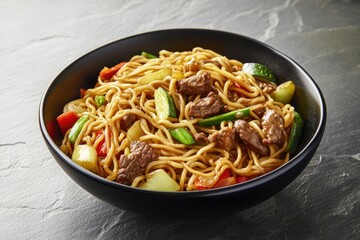 A bowl of noodles filled with meat and mixed vegetables, perfect for a quick meal or snack