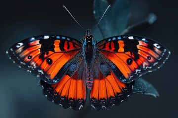 Fototapeta premium A red and black butterfly perches on the edge of a leaf, showcasing its vibrant colors and delicate features