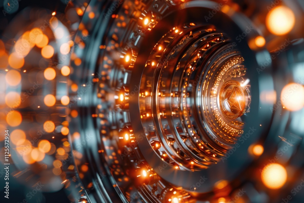 Poster a close-up shot of a camera lens with lights shining from behind, perfect for photography or tech-re