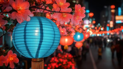 A blue lantern is hanging from a tree with red flowers. The lantern is lit up and the flowers are pink. The scene is set in a city at night with people walking around