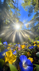 Sunbeams illuminating vibrant blue and yellow flowers in a lush green forest, creating a magical, serene atmosphere.