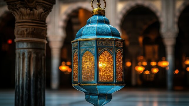 A blue lantern with gold accents hangs from a pillar in a building. The lantern is lit, creating a warm and inviting atmosphere. Concept of tranquility and serenity - Powered by Adobe
