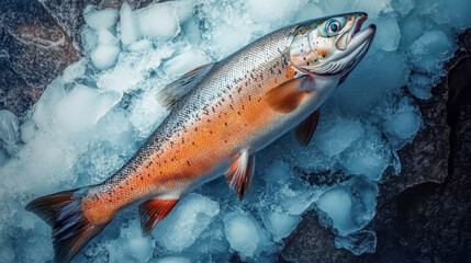 Obraz premium Freshly caught salmon on ice displayed with scales and colorful details