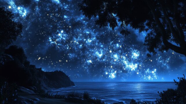 Starry night sky over ocean, seen from coastal cliff. - Powered by Adobe