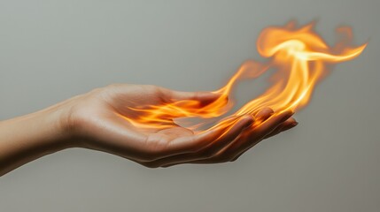 A hand holding a flame. Concept of power and control, as the person is able to manipulate the fire with their hand. The flame also represents energy and passion