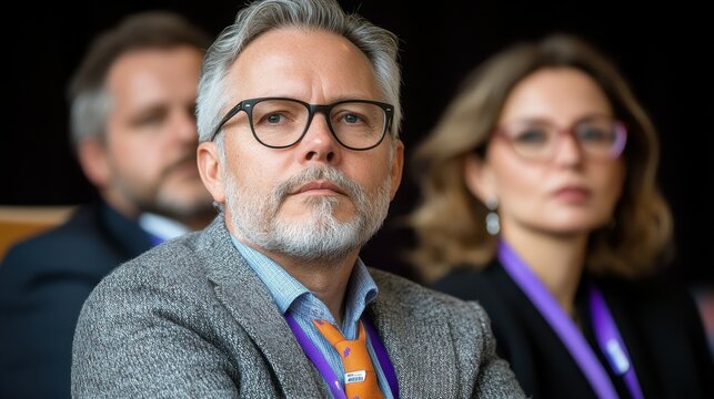 A man with glasses and a woman with a purple lanyard are sitting in a room. The man is wearing a gray jacket and a blue shirt