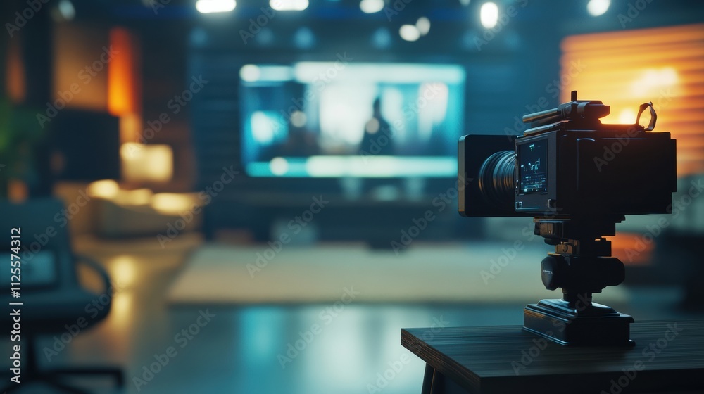 Leinwandbilder A professional setup captures an interview recording with advanced media equipment and a blurred studio background, showcasing modern technology. Generative AI