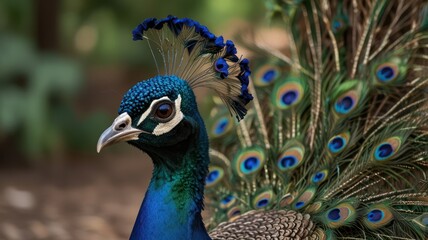 Fototapeta premium Close-up of a peacock's head and neck, showcasing vibrant blue and green feathers, eye, and beak.