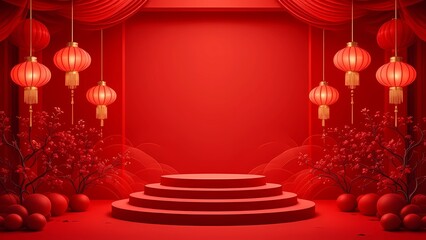 An Elegant Red Stage Adorned With Hanging Lanterns Is the Perfect Backdrop for Luxury Events and Cultural Performances