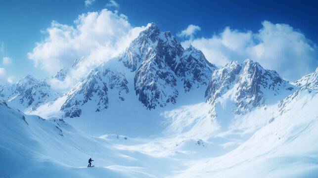 A snow-covered mountain with a blu sky in the background.