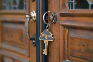 Fototapeta premium A single house key hangs on a wooden door, ready for use
