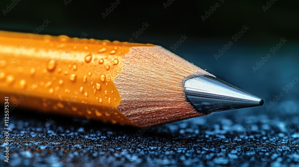 Poster a close-up of a pencil with water droplets on its surface, great for use in educational or creative 