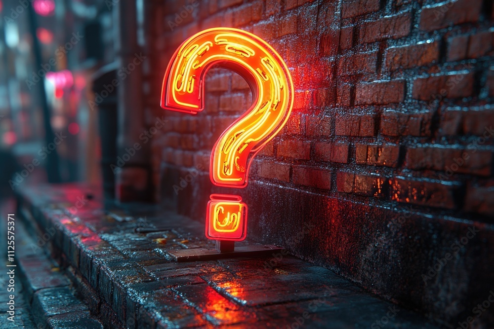 Poster a single neon question mark placed on a brick wall, perfect for use in designs related to inquiry or