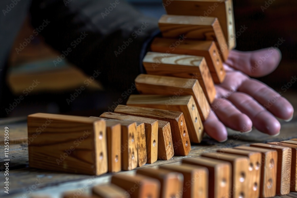 Poster A person constructs and plays with wooden building blocks on a table