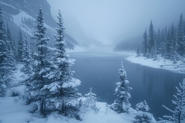 A serene winter scene with a frozen lake and surrounding trees covered in snow