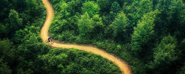 Cyclist profile merging into winding forest trail, path of adventure, sport and nature fusion