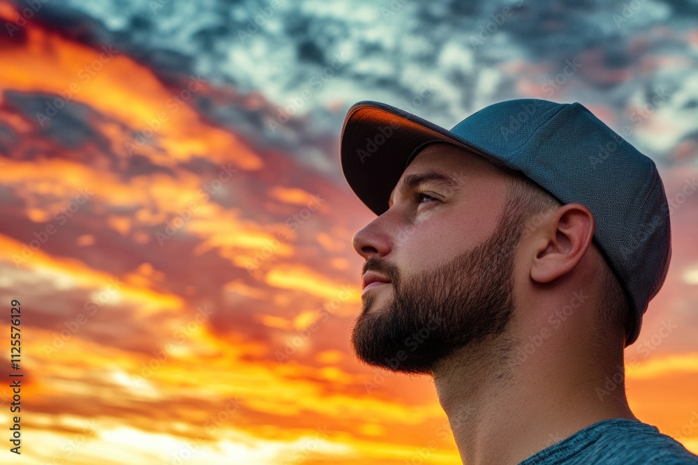 Poster a person with a beard and baseball cap, suitable for various uses including illustrations or stock p
