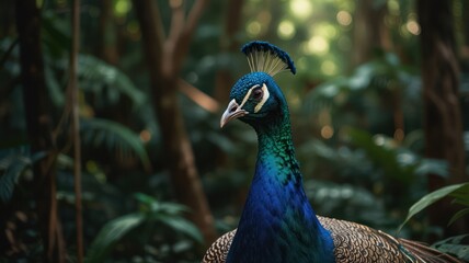 Obraz premium Majestic peacock portrait in lush green forest.