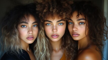 Fototapeta premium Three women with curly hair pose for a photo. The women are smiling and have blue eyes. The photo has a warm and friendly vibe