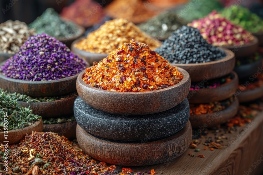 Poster a collection of various spice bowls on a table
