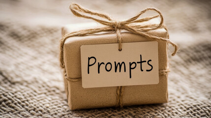 Gift box with tag labeled "prompts" wrapped in brown paper and twine