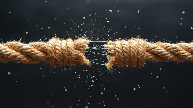 close-up of a fraying rope breaking in the middle, held tightly by two opposing hands. Symbolizes conflict, tension, division, struggle, resilience, or the breaking point in relationships - Powered by Adobe