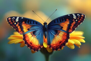 Fototapeta premium A close-up shot of a butterfly perched on the center of a bright yellow flower