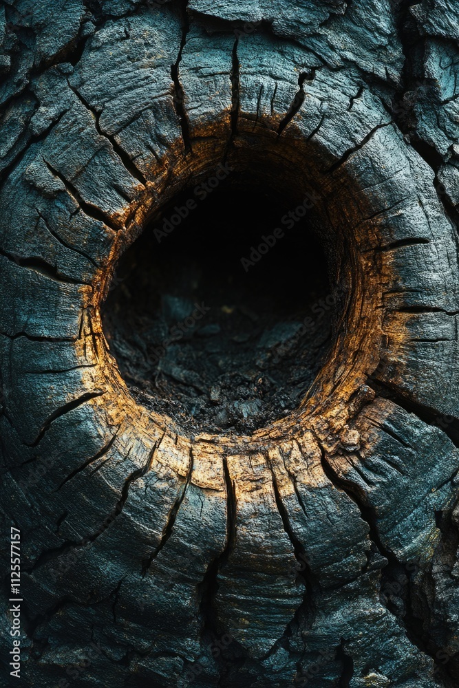 Poster a close-up view of a tree trunk featuring a hole, useful for illustrations on nature and the outdoor